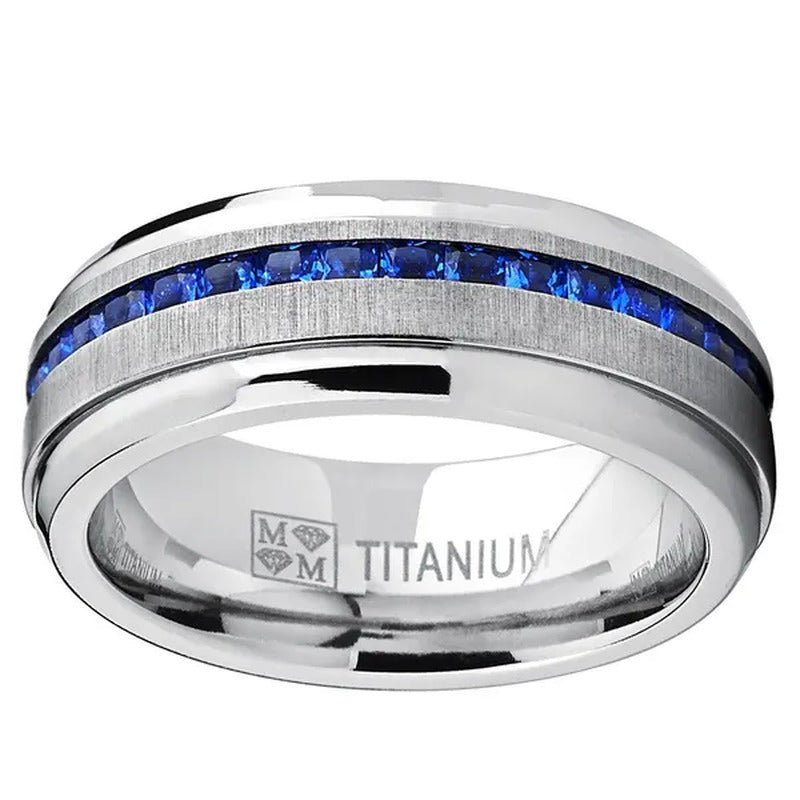 Men'S Eternity Titanium Wedding Band Engagement Ring W/ Blue Simulated Sapphire