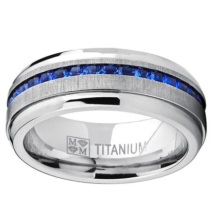 Men'S Eternity Titanium Wedding Band Engagement Ring W/ Blue Simulated Sapphire