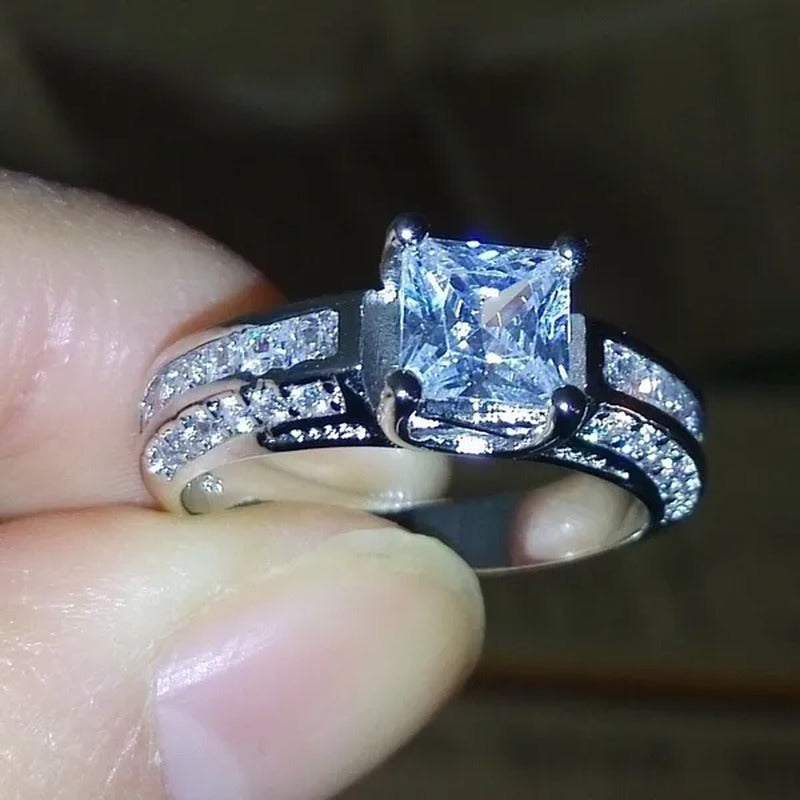 2Pcs Set Princess 925 Sterling Silver White Sapphire & Diamond Wedding Ring