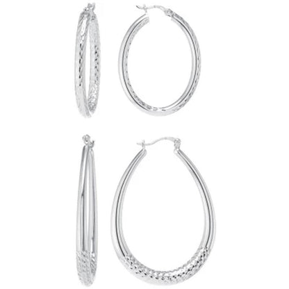 Sterling Silver Diamond Cut 29Mm and 42Mm Oval Hoop Set