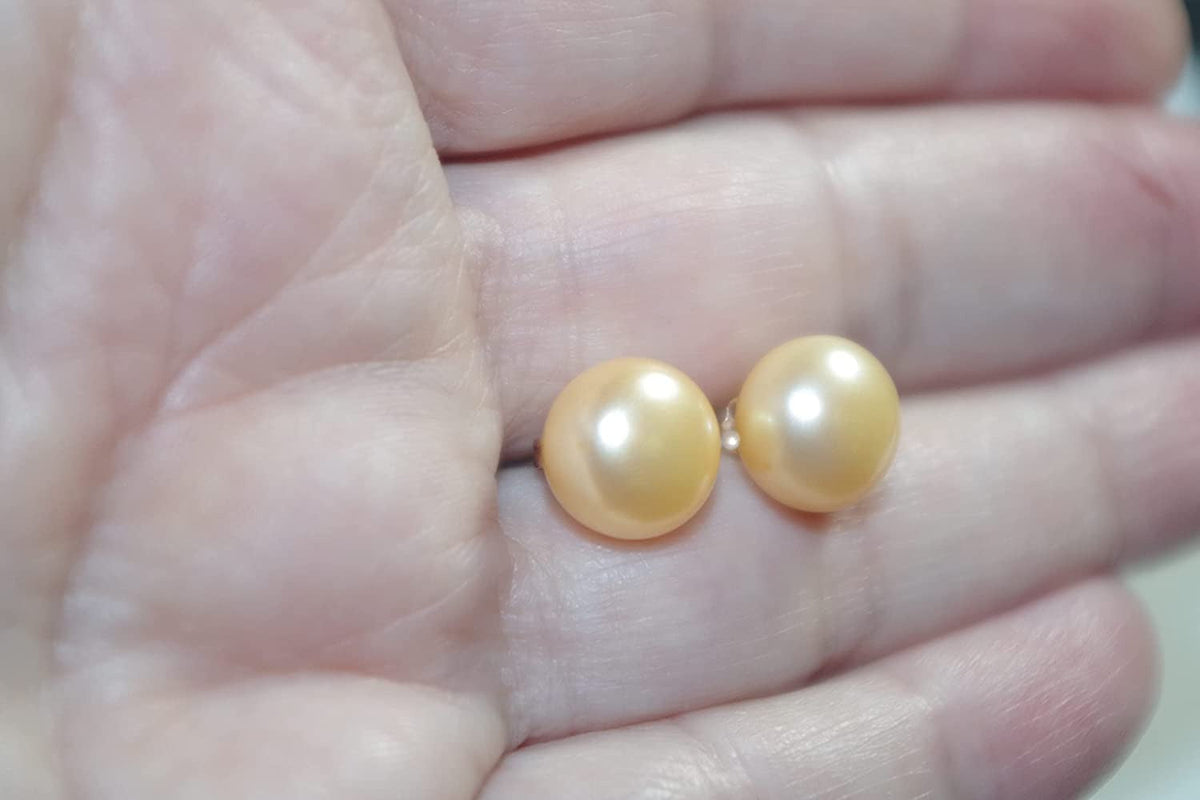 Quality Golden Champagne Pearl Semi round Dome Button 10 MM Stud Earrings 14K Go
