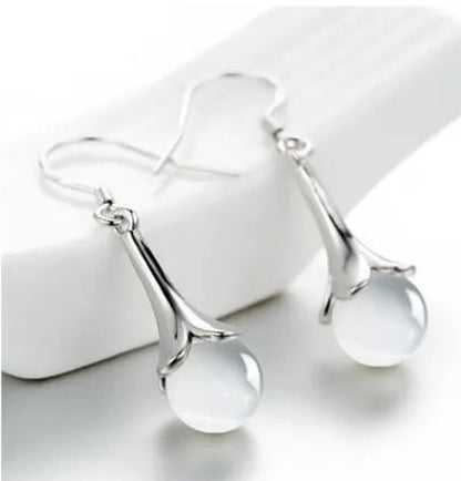 NEW ARRIVAL 925 Sterling Silver Long Earring Simple round Moonstone Dashing Woma