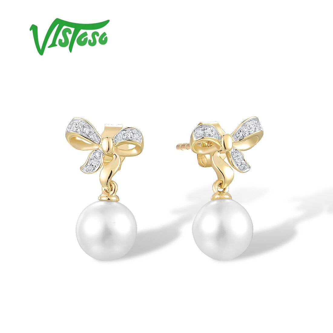 9K 375 Yellow Gold Earrings for Women Fresh Water White Pearl Diamond Earrings