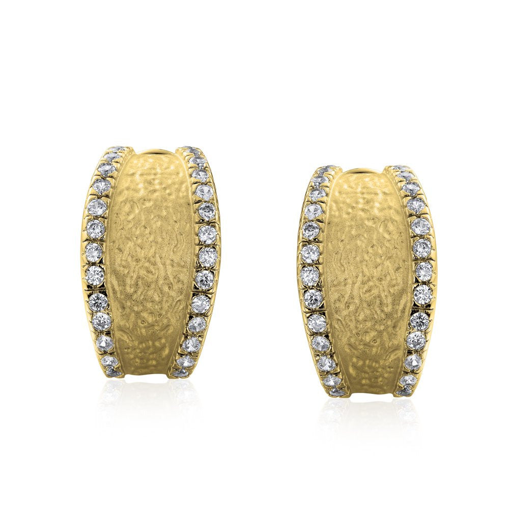 Matte Hammered Shrimp Half Hoop Earrings Pave Edge CZ Gold Plated