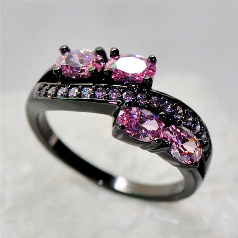 Princess Oval Pink Sapphire Black Gold Double Ring Luxurious Jewelry for Mulher
