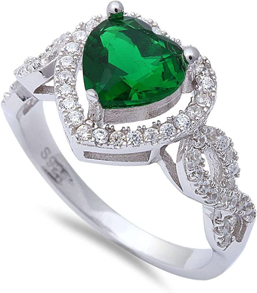 Heart Simulated Green Emerald & Cubic Zirconia .925 Sterling Silver Ring Sizes 5