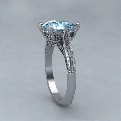 Fashion 2.0Ct round Cut Aquamarine Gemstone Ring Exquisite Silver Carver Flower
