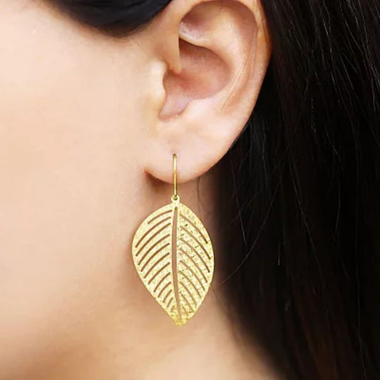 14K Italian Yellow Gold Textured Leaf Earrings