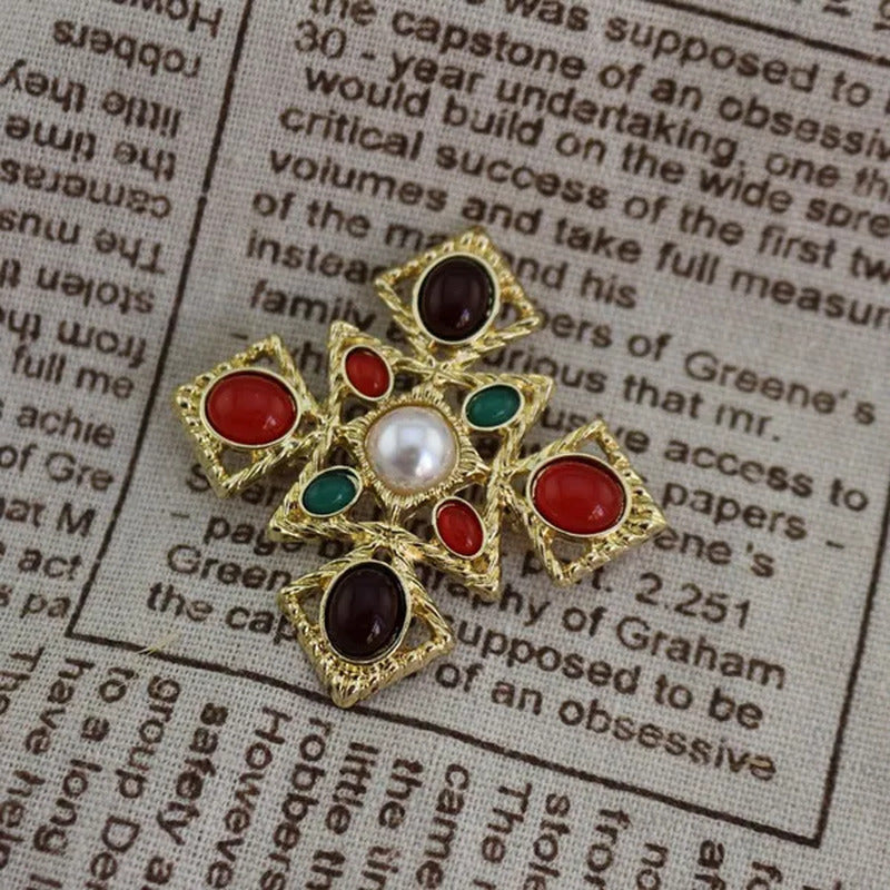 Antique Roman Engraved Baroque Byzantine Style Pearl Ruby Retro Brooches for Cor
