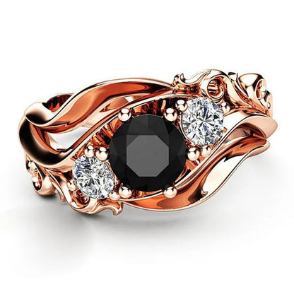 Temperament Obsidian Rose Gold Ring Fashion Flower Line Black Diamond Claw Set T
