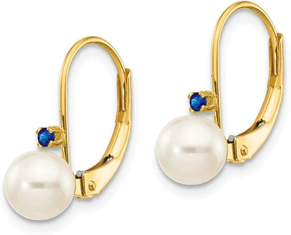 14K Yellow Gold 5-5.5Mm White round FW Cultured Pearl Sapphire Leverback Earring