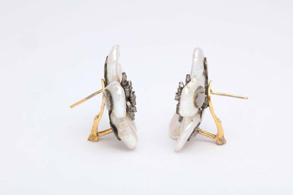 Pearl Leaf and Diamond Flower Earring