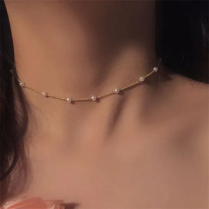 New Beads Women'S Neck Chain Simulation Pearl Necklace Gold Color Goth Chocker J