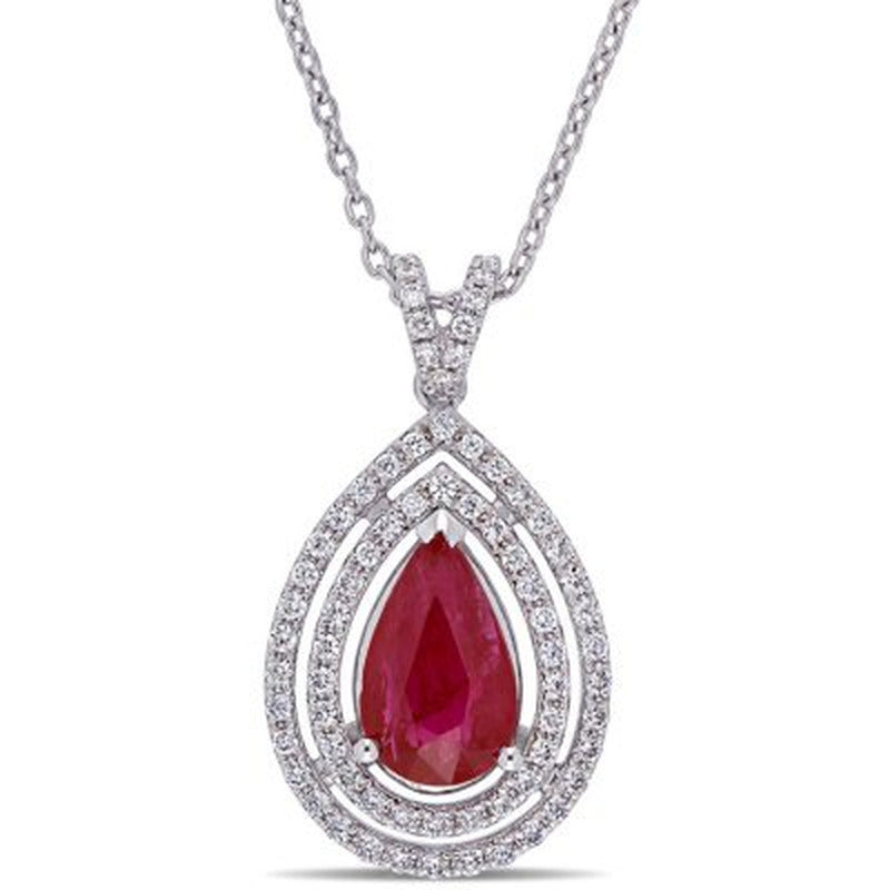 Allura Ruby and 0.22 CT. T.W. Diamond Teardrop Halo Pendant in 18K White Gold