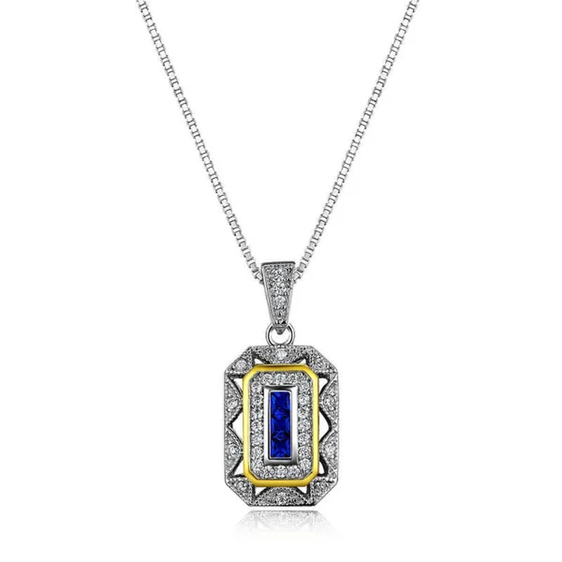 0.50 Ct Blue Sapphire White CZ 925 Sterling Silver Yellow Pendant Chain Necklace