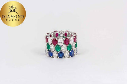 Set of Oval Sapphire Ruby Emerald Diamond Eternity Band Rings