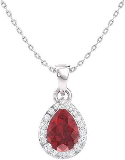 Natural and Certified Pear Cut Gemstone and Diamond Halo Drop Petite Necklace in