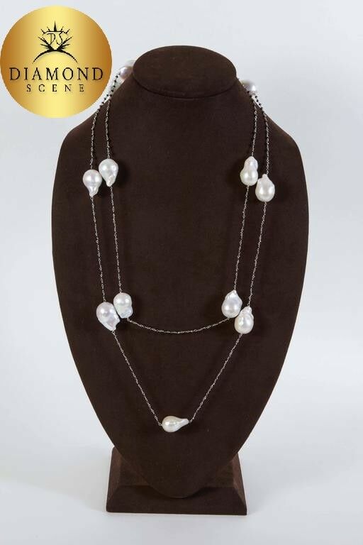 Baroque Pearl Black Diamond Gold 50 Inch Long Chain Necklace