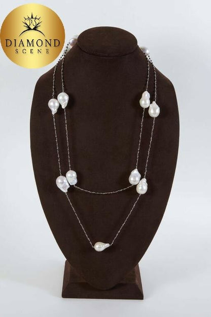 Baroque Pearl Black Diamond Gold 50 Inch Long Chain Necklace