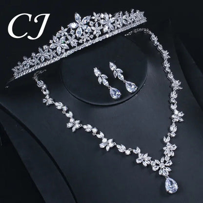 CANDICE Luxurious Classy White Gold Plating Bridal Crown Tiara Necklace Earrings
