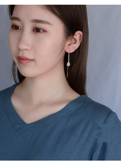 S925 Sterling White Fungus Line Female Hetian Jade Retro Style Earrings Lotus Fl