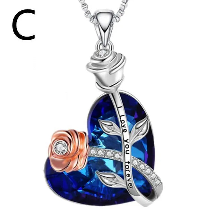 Fashion Heart Blue Crystal Necklace Double Layer Rose Zircon Pendant Engagement