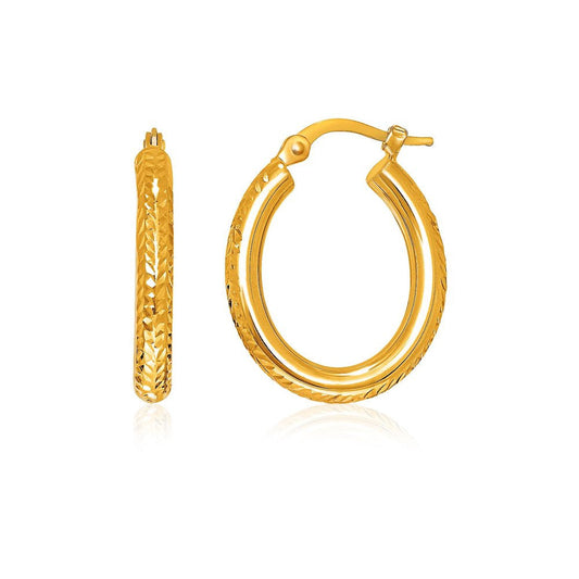 14K Yellow Gold Diamond Cut Textured Oval Hoop Earrings. - D39337605