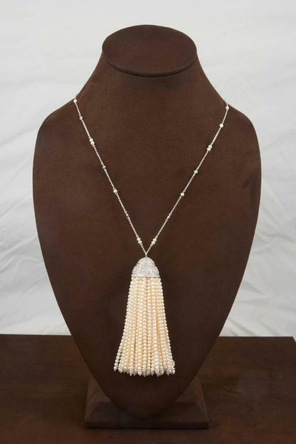 Pearl beads dangle diamond tassel hanging from a diamond by yard necklace 18 k