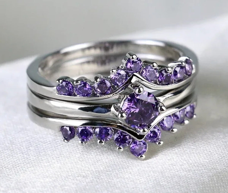 Sz5-10 round 5Mm Amethyst 10Kt White Gold Filled Women'S Wedding Ring 3 in 1 Bri