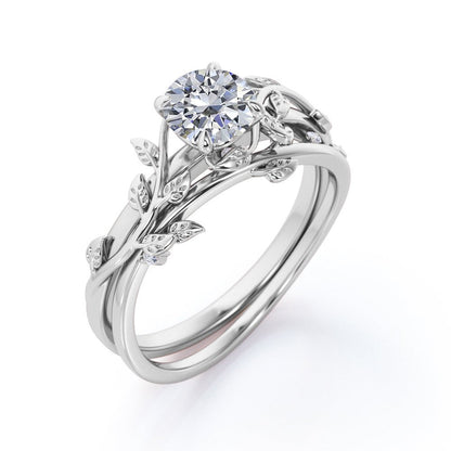 Half Carat round Real Diamond Bridal Set - Leaf and Vine Diamond Wedding Ring Se