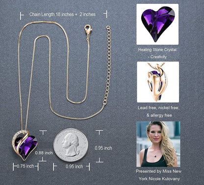 18K Rose Gold Plated Love Heart Pendant Necklace with Healing Stone Crystal Jewe