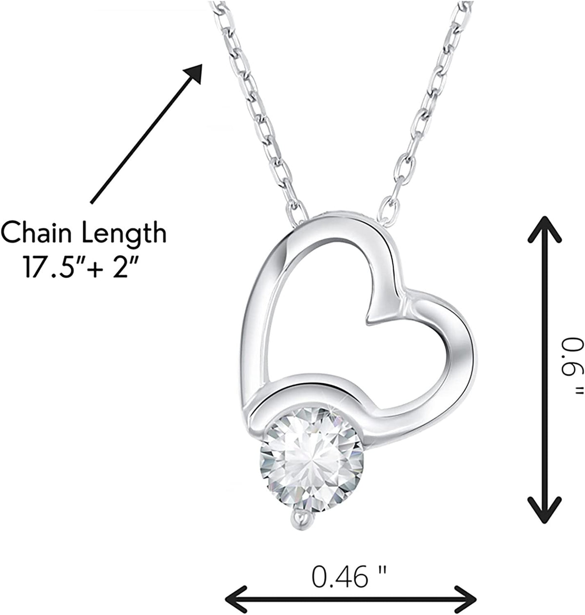 Sterling Silver Necklace for Women with Cubic Zirconia Stone , Heart Pendant Cha