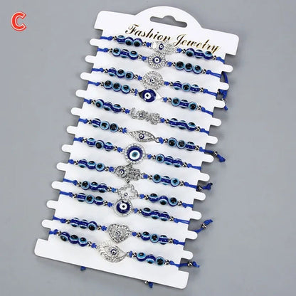 12 Pcs/Set Bohemian Handmade Braided Rope Charm Bracelets Rhinestone Blue round