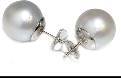 14K Gold Australian South Sea Pearl Stud Earrings 15 MM Natural White Silver Blu