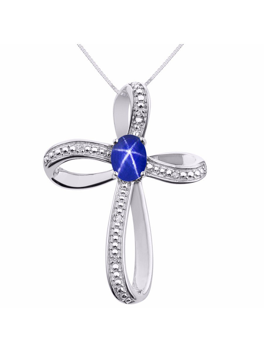 Diamond & Blue Star Sapphire Cross Pendant Necklace Set in Set in 14K White Gold