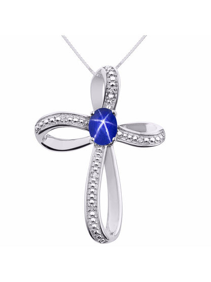 Diamond & Blue Star Sapphire Cross Pendant Necklace Set in Set in 14K White Gold