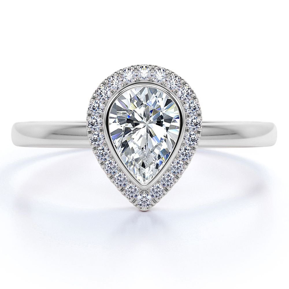 Bezel Set Halo Pear Shaped Diamond Solitaire Wedding Ring in 10K White Gold