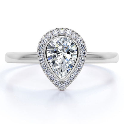 Bezel Set Halo Pear Shaped Diamond Solitaire Wedding Ring in 10K White Gold