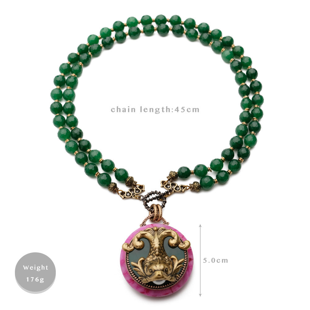 Vintage Fish Design Natural Stone Beads Agate Pearl Necklace