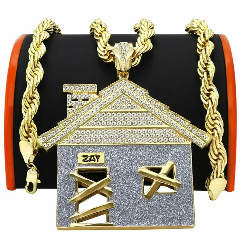 Hip Hop Luxury Diamond Jewelry Mens 14K Gold Plated Huge Trap House Pendant / 10
