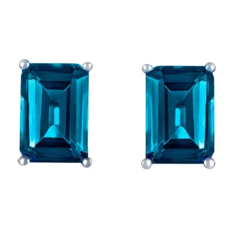 London Blue Topaz Emerald Cut Earrings in 14K White Gold