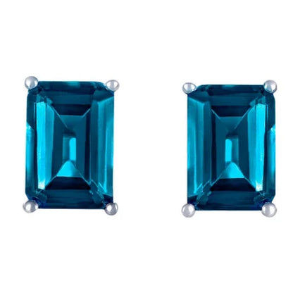 London Blue Topaz Emerald Cut Earrings in 14K White Gold