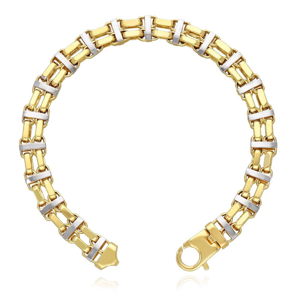 14K Two-Tone Yellow White Gold 8.5Mm Hollow Bike Double Rolo Bracelet 8.5&Quot;