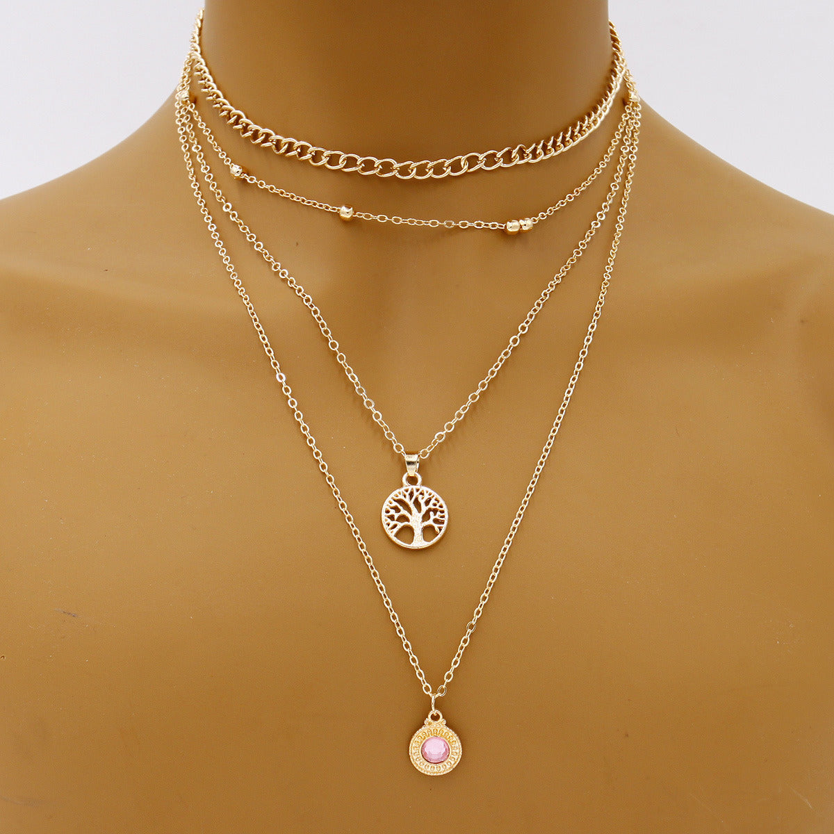 Fashion All-Match Retro Tree of Life Gemstone Point Diamond Pendant Necklace