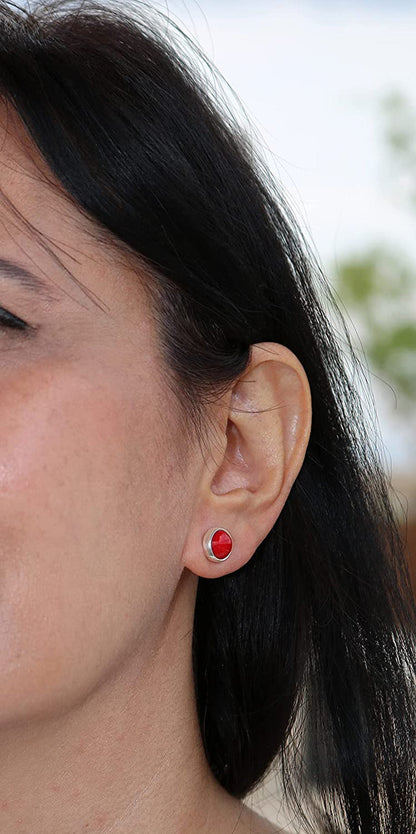 Sterling Silver 925 round Stone Handmade Stud Earrings for Women (Red Coral - 9.