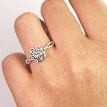 Elegant 1 Carat - Square Cut Diamond - Twisted Band - Pave - Double Halo Engagem