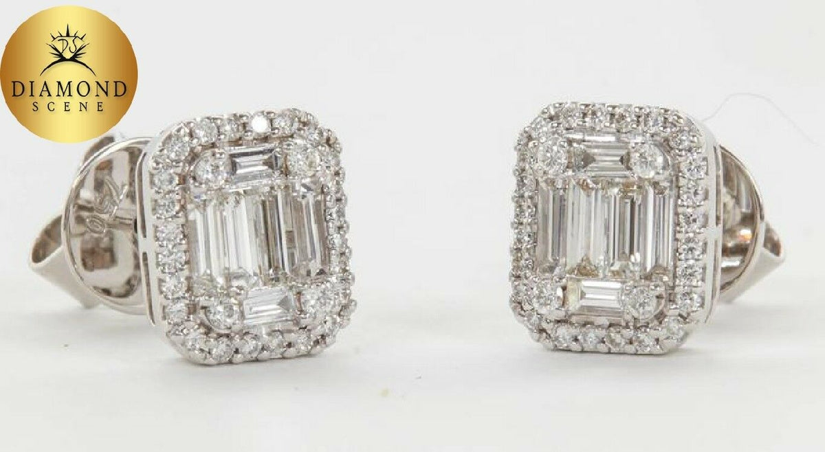 Illusion Emerald Cut Diamond Gold Stud Earrings .95 carats of round special cut