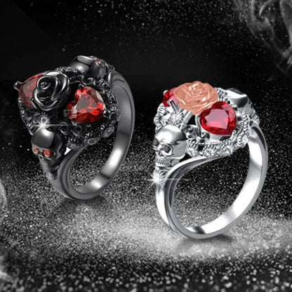 Rose Skull Ring Heart-Shaped Red Zircon Punk Ring Fashion Jewelry