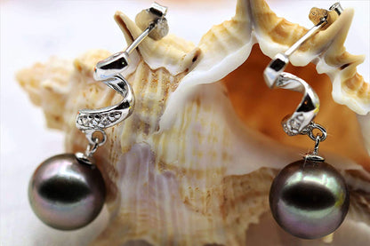 Elegant AAA Quality Genuine 8.5-9.5Mm Tahitian Black Pearl Dangle Drop Earrings