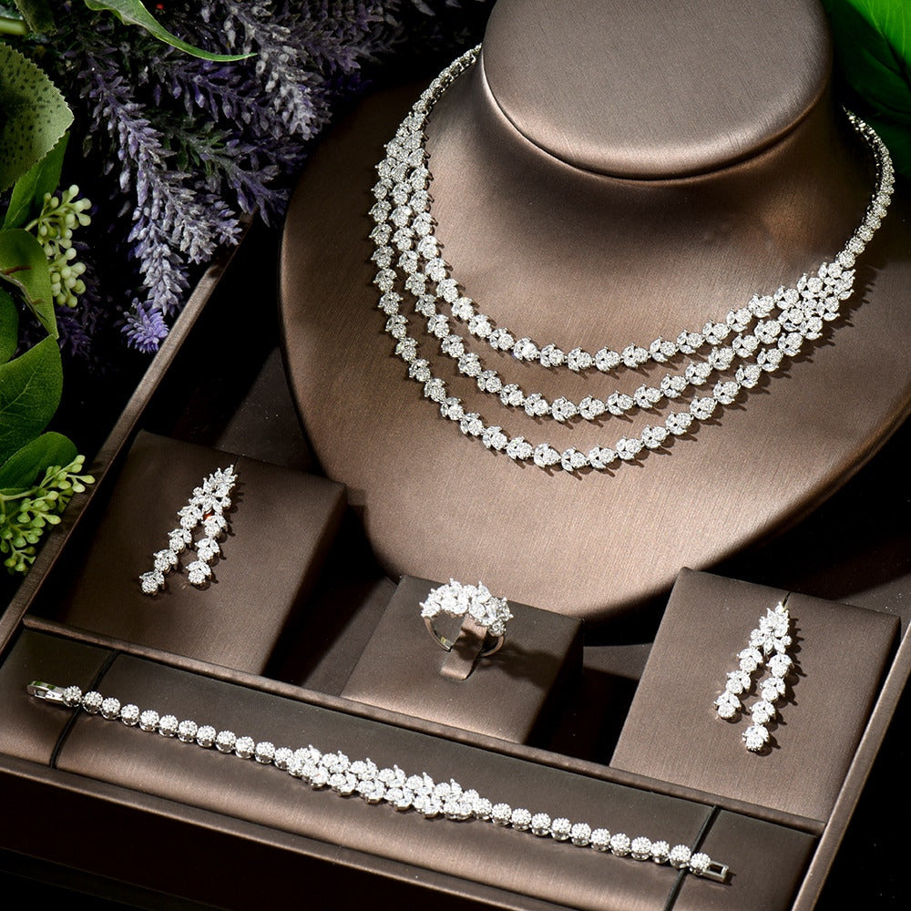 Three Layers 4Pcs Necklace and Earring Set Leaf Design Fashion Women Bridal Wedd